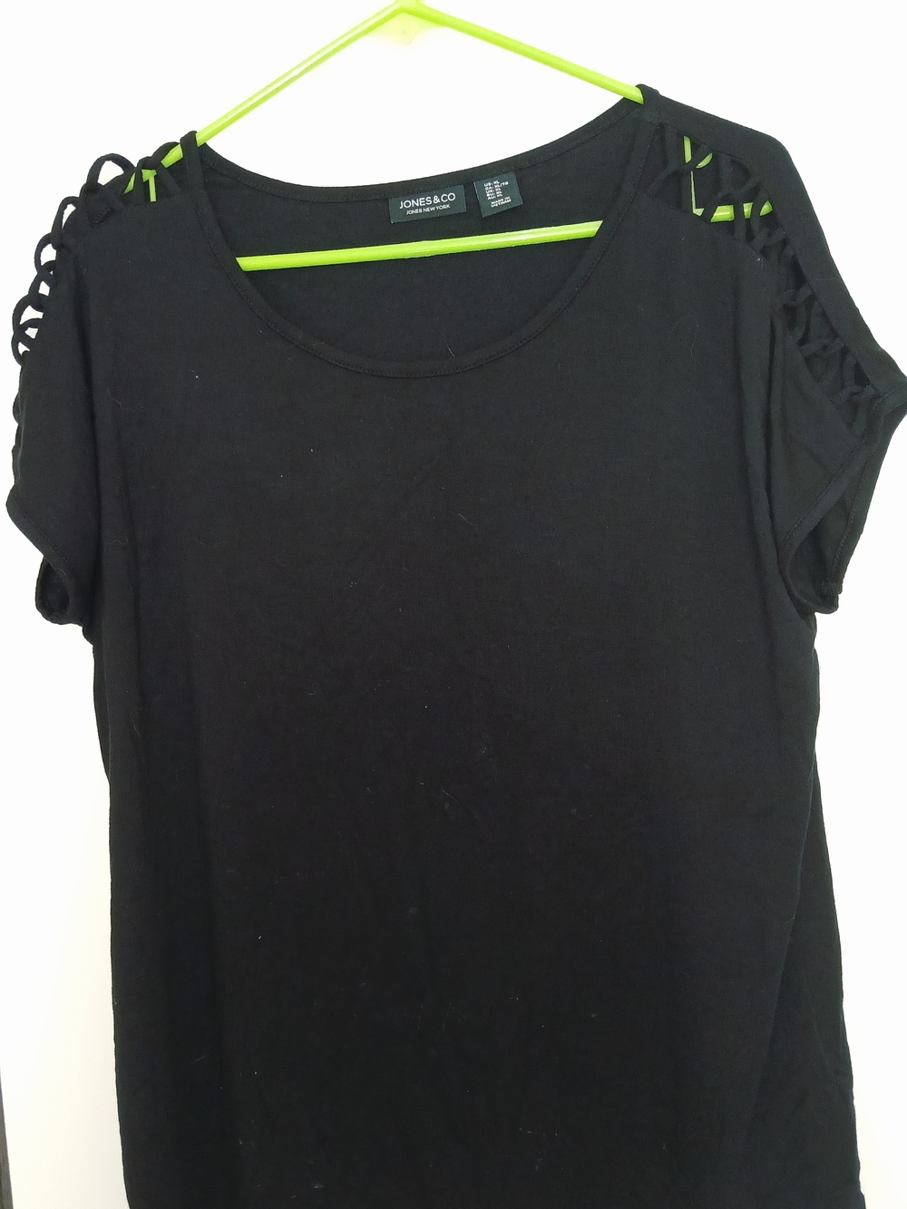 Jones & Co Black Short Sleeve Top with Lattice Shoulder Detail